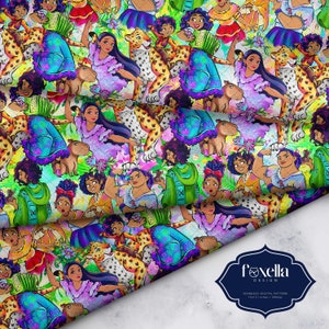 May include: Seamless digital pattern featuring a vibrant, colorful design with cartoon characters, jaguars, and capybaras. The pattern includes figures in various poses, with a mix of purple, green, and yellow hues. The Foxella Design logo is visible in the corner.