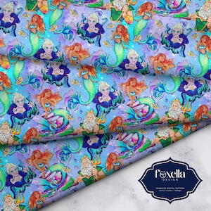 May include: Seamless digital pattern featuring a repeating design of mermaids, a sea witch, and Poseidon. The pattern is set against a blue background with green, purple, and gold accents. The mermaids are depicted with long flowing hair and tails, while the sea witch has a crown and a trident. Poseidon is shown with a beard and a trident.