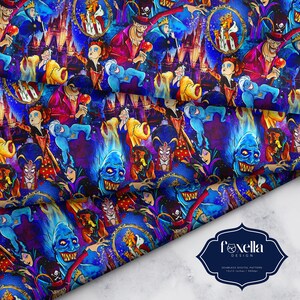 May include: A colourful seamless digital pattern showcasing Disney villains. The design includes characters such as Hades, Cruella de Vil, and the Evil Queen, set against a dark, starry backdrop. The pattern is 30.48 x 30.48 cm and 300dpi.