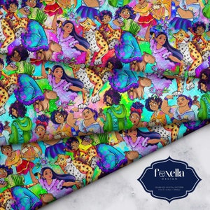 May include: A vibrant digital pattern featuring a repeating design of animated characters, jaguars, and capybaras in a colorful, whimsical style. The design includes characters in various poses, set against a bright, multi-colored background. The pattern is labeled as a seamless digital pattern.