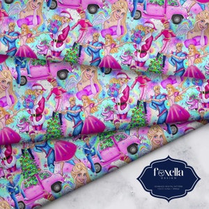 Può includere: Motivo digitale senza cuciture con un design ripetuto di una donna bionda, un uomo in abito blu, un camion rosa e un albero di Natale. Il motivo include un personaggio di Babbo Natale e una coppia che balla. Lo sfondo è un mix di colori.