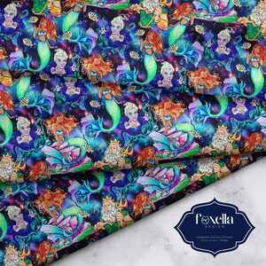 May include: Seamless digital pattern featuring mermaids, sea creatures, and characters on a dark blue background. The design includes mermaids with green tails and red hair, along with other characters. The pattern is 30.48 x 30.48 cm.