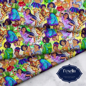 May include: Seamless digital pattern featuring a vibrant design with cartoon characters, animals, and floral elements. The pattern includes figures in various poses, animals, and musical instruments, set against a yellow and white background. The design is labeled as 12x12 inches.