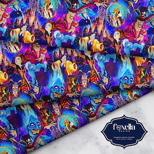 May include: A seamless digital pattern featuring a colourful and whimsical design of various Disney villains. The pattern includes characters like Maleficent, Ursula, Cruella de Vil, and Jafar, all depicted in a vibrant and stylised manner. The background is a dark blue with stars and sparkles.