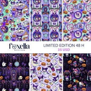 May include: A collection of patterned fabric designs featuring cartoon characters, pumpkins, ghosts, and bows in purple, black, and orange. The designs include the text "LIMITED EDITION 48 H" and the "foxella design" logo.