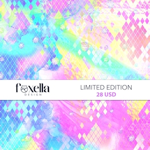 May include: A digital graphic background featuring a vibrant rainbow-colored watercolor wash overlaid with a white diamond grid pattern and scattered silver glitter accents. The text Foxella Design and Limited Edition 28 USD are visible.