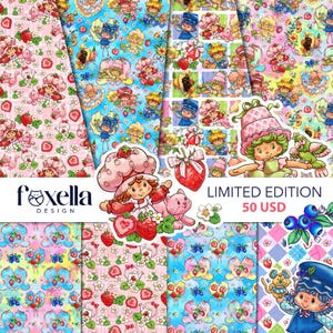 May include: A digital collage featuring Strawberry Shortcake characters, strawberries, and blueberries on various patterned backgrounds. The text reads foxella DESIGN and LIMITED EDITION 50 USD. The design includes colorful illustrations of cartoon figures, fruit, and small animals in a repeating grid layout.