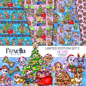 May include: A digital graphic set featuring Paw Patrol characters in Christmas attire, including decorated trees, gingerbread houses, gift boxes, and dog bones. The patterns display various festive scenes with puppies, reindeer antlers, and holiday ornaments in vibrant colours on blue and pink backgrounds.