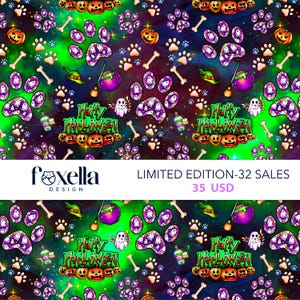 May include: A Halloween-themed pattern with pumpkins, ghosts, paw prints, and witch hats on a dark, nebula-like background. The words "Happy Halloween" are featured, along with the Foxella Design logo. Limited edition.