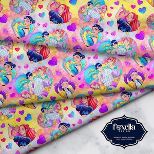 Könnte beinhalten: Nahtloses digitales Muster mit Anime-Charakteren in herzförmigen Rahmen, in einer lebendigen Farbpalette aus Rosa, Gelb, Blau und Lila. Das Design enthält den Text "foxella DESIGN" und "SEAMLESS DIGITAL PATTERN 12x12 inches / 300dpi".