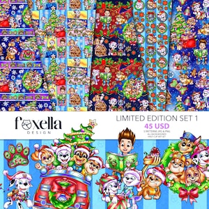 May include: A digital graphic set featuring Paw Patrol characters in Christmas-themed scenes, including puppies in Santa hats, decorated trees, gift boxes, and wreaths on blue, red, and patterned backgrounds with the text Foxella Design Limited Edition Set 1.