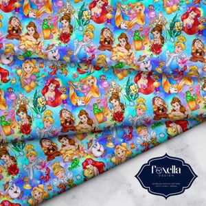 May include: A seamless digital pattern fabric featuring various Disney princesses and related characters on a light blue background. The design includes images of Belle, Ariel, Cinderella, and others, along with roses and other decorative elements. The fabric is 12x12 inches.