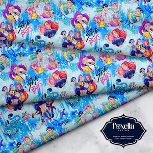 May include: A seamless digital pattern featuring anime-style characters in vibrant colors on a light blue background. The design includes illustrations of girls and boys, hearts, and the text "Saja Boys" and "Huntra". The pattern is by Foxella Design.