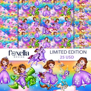 May include: A digital fabric pattern featuring cartoon characters in purple dresses, green dragons, winged creatures, and rabbits against a rainbow sky background. The design includes the text Foxella Design and Limited Edition 25 USD.