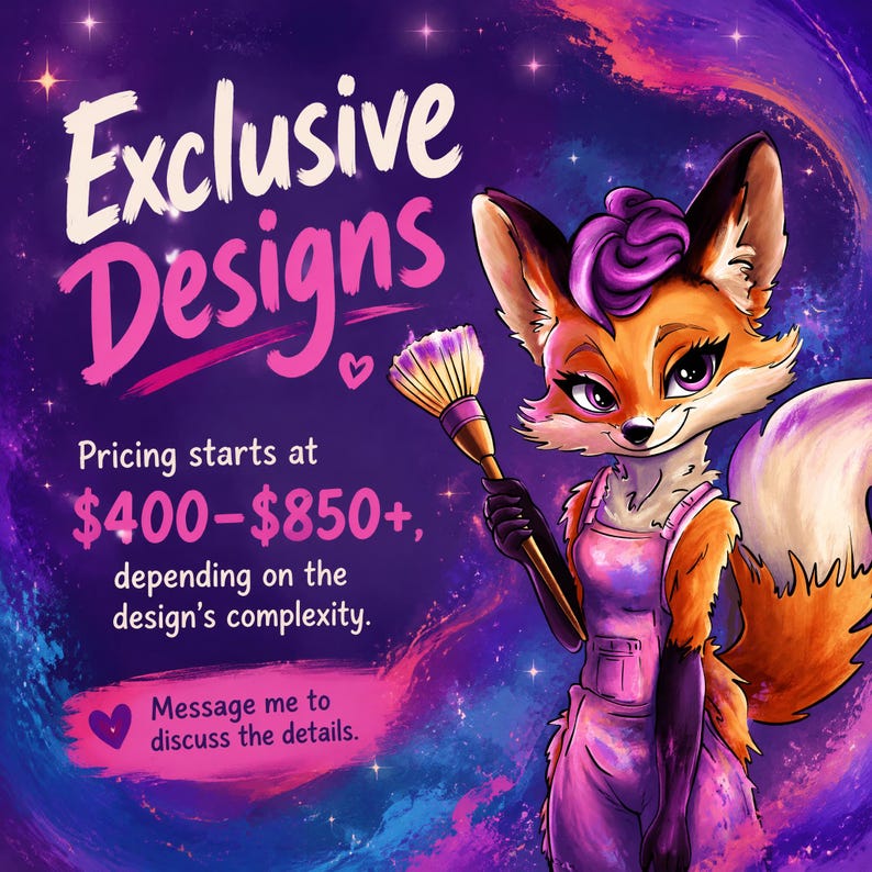 K&ouml;nnte beinhalten: Eine digitale Illustration eines orangefarbenen Fuchses mit violettem Haar, der eine rosa Latzhose tr&auml;gt und einen Pinsel h&auml;lt. Der Hintergrund ist ein tiefvioletter Weltraum mit Sternen. Der Text lautet: Exclusive Designs.