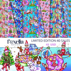 Christmas Elf LIMITED EDITION 40 Sales - 6 Patterns Jpg and  4 Patterns PNG, 3 Backgrounds, All Clip arts,