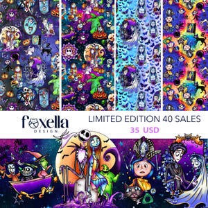 Może przedstawiać: Kolekcja kolorowych wzorów tkanin z postaciami z Miasteczka Halloween, Gnijącej Panny Młodej i innych filmów animowanych. Wzory obejmują Jacka Skellingtona, Sally i inne postacie o tematyce Halloween. Widoczne jest logo Foxella Design.