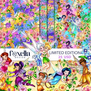 May include: A digital pattern featuring multiple fairy characters with translucent wings, surrounded by colorful flowers and foliage in shades of pink, purple, yellow, and blue. The design includes the text foxella DESIGN and LIMITED EDITION 25 USD.