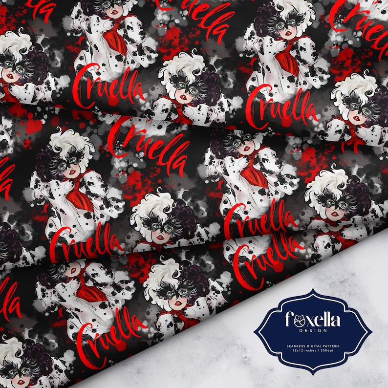 May include: Seamless digital pattern featuring a repeating illustration of a character in a black and white spotted coat, red scarf, and a Cruella mask. The word "Cruella" is written in red script across the design. The background is black and gray with red splatters.