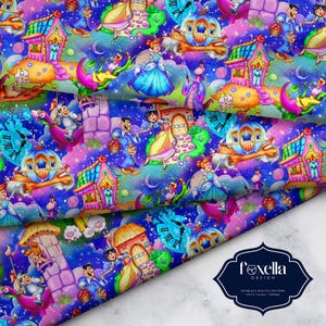 May include: A colorful fabric featuring a repeating pattern of fairytale characters, castles, carriages, and clocks. The design includes princesses in blue and yellow gowns, knights, and whimsical houses against a starry, blue background. The fabric has the text "foxella design".