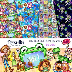 May include: A collection of colorful digital papers featuring characters from a popular animated movie. The designs include repeating patterns of characters, a frog with a "Hi!" sign, and a variety of other elements. The papers are labeled "Limited Edition".