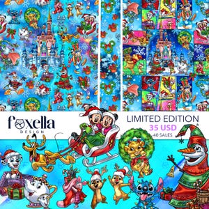 May include: A digital fabric pattern featuring various Disney characters in Christmas attire, including Mickey and Minnie in a sleigh, Olaf, Stitch, and Simba. The design includes a blue background with snowflakes, a castle, and the text Foxella Design.