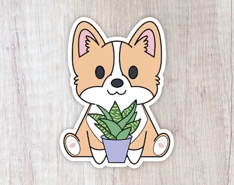 Corgi Plant Sticker, Pet Sticker, Dog Laptop Sticker, Waterproof Water Bottle Sticker, Dog Lover Notebook Sticker
