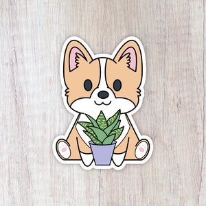 Corgi Plant Sticker, Pet Sticker, Dog Laptop Sticker, Waterproof Water Bottle Sticker, Dog Lover Notebook Sticker