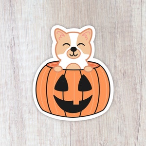 Halloween Corgi Sticker, Corgi Pumpkin Sticker, Cute Dog Laptop Decal, Pet Notebook Sticker, Waterproof Water Bottle Sticker