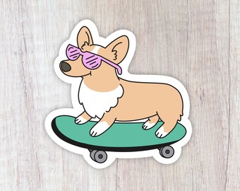 Skating Corgi Sticker, Summer Corgi Decal, Kawaii Dog Sticker, Pet Laptop Decal, Waterproof Waterbottle Sticker, Summer Planner Accessories