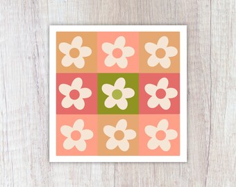 Retro Flower Sticker, Checkered Sticker, Spring Laptop Sticker, Floral Notebook Sticker, Waterproof Water Bottle Sticker