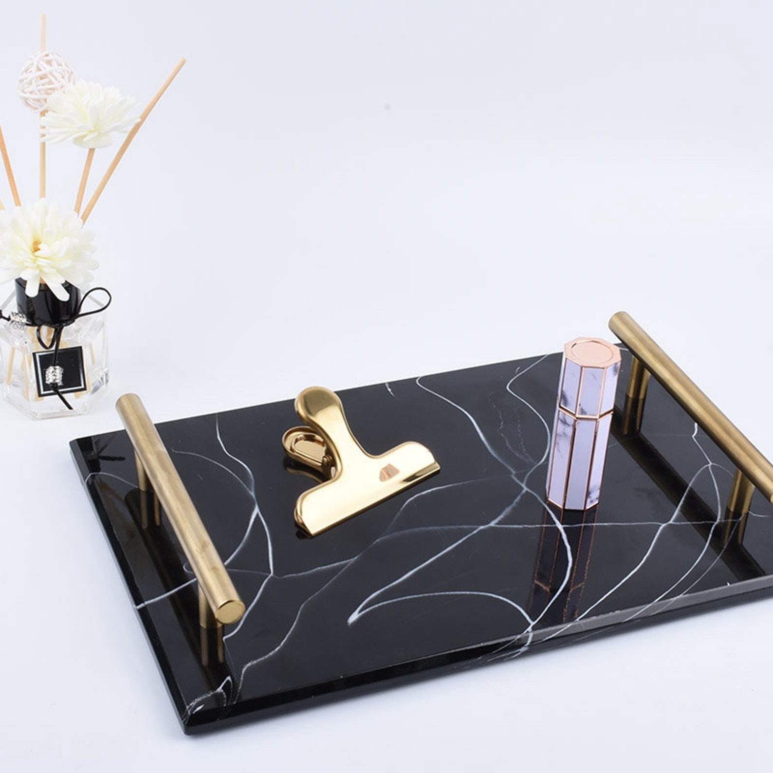 Decorative Black Marble Serving Tray with Gold Handles Storage Etsy