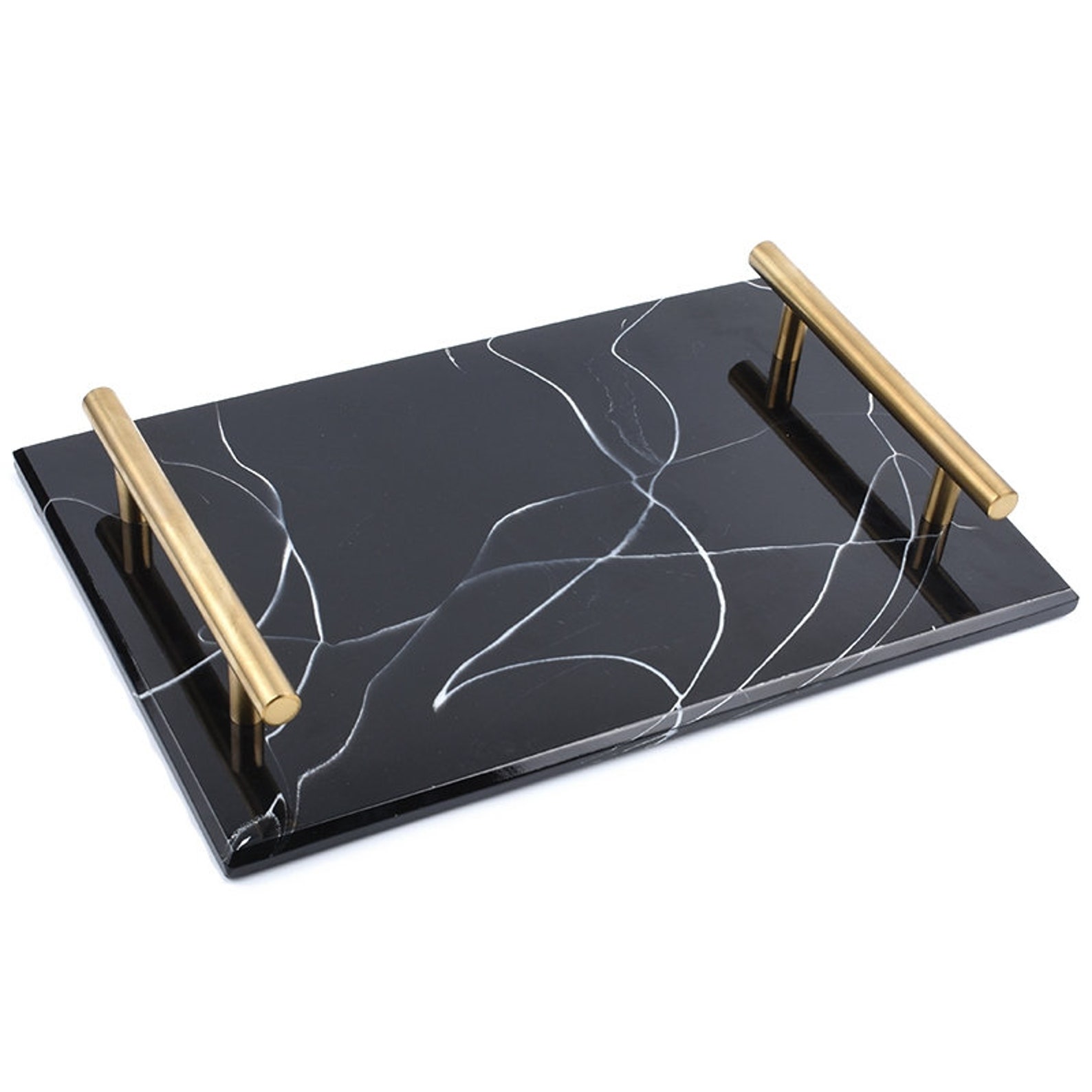 Decorative Black Marble Serving Tray with Gold Handles Storage Etsy