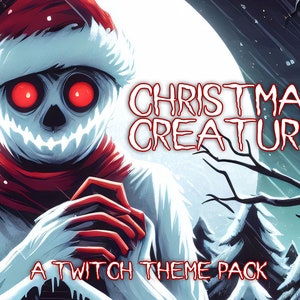 Puede incluir: Una ilustración digital de una criatura navideña blanca y espeluznante con ojos rojos y un gorro de Papá Noel. La criatura está de pie frente a un bosque nevado con una luna llena en el fondo. El texto "Christmas Creature" y "A Twitch Theme Pack" está escrito en rojo en la imagen.