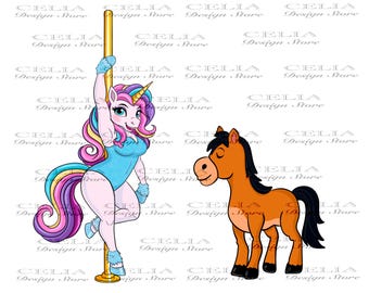 Funny Unicorn Pole Dancing PNG with Horse Reaction - Sassy Magical Clipart for Sublimation and Humor Crafts