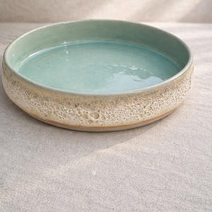 Flache Schale, Bowl, große Tonschale , Keramikschale, Obstschale, grobe Glasur außen, Türkis