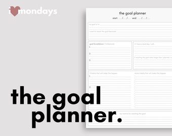 May include: A printable goal planner worksheet with the text "the goal planner" in bold black font. The worksheet includes sections for setting goals, breaking down goals into milestones, identifying habits that will help achieve the goal, and writing a mantra for reaching the goal.