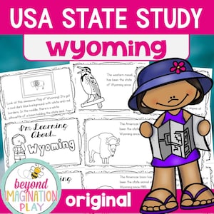 May include: A colorful educational worksheet titled "USA State Study Wyoming." The design features illustrations of the Wyoming state flag, a bird, and a bison. A cartoon girl in a purple dress and hat holds a map. The text "original" is at the bottom.