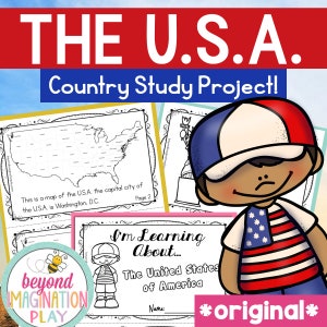 May include: A black and white printable worksheet for a country study project about the United States of America. The worksheet features a map of the United States, a cartoon character wearing a red, white, and blue shirt and hat, and the text "I'm Learning About... The United States of America".