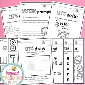 May include: A printable worksheet for kids to learn about Spain. The worksheet includes a writing prompt, a drawing activity, and a letter tracing activity. The worksheet features the Spanish flag and the text "Let's write", "Let's draw", and "Writing prompt".