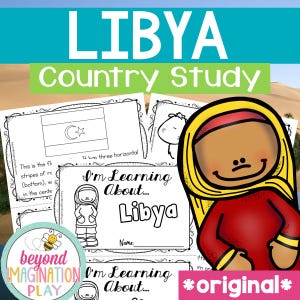 Puede incluir: Un recurso educativo colorido titulado "LIBIA Estudio de país". La imagen presenta una ilustración de dibujos animados de una persona con vestimenta tradicional, junto con páginas sobre Libia, incluida su bandera y una ilustración de camello. También es visible el texto "Estoy aprendiendo sobre... Libia".