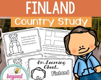 May include: A black and white printable coloring book page featuring a cartoon bear and a Finnish flag. The page includes the text "Finland's national animal is a brown bear, and the whooper swan is Finland's national bird." The page is titled "I'm Learning About... Finland".