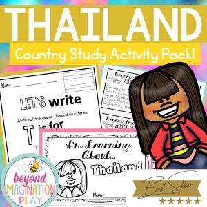 May include: A printable activity pack for learning about Thailand. The pack includes a colouring page, a writing activity, and a boarding pass template. The cover features a cartoon girl with brown hair and a red jacket.
