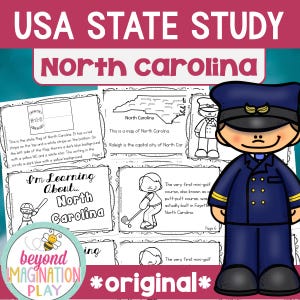 Hojas de trabajo para estudiar el estado de Carolina del Norte / Actividades de los 50 estados para niños / Imprimibles de geografía / Comprensión lectora / Datos curiosos / Geografía