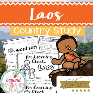 Könnte beinhalten: Schwarz-weiße druckbare Arbeitsblätter für eine Länderkunde über Laos. Die Arbeitsblätter beinhalten eine ABC-Wortsortierung, eine Seite "Ich lerne über..." mit einer Cartoon-Illustration einer Person aus Laos und eine Boarding-Pass-Vorlage. Die Arbeitsblätter sind für Kinder konzipiert und zeigen ein Cartoon-Bienenlogo.