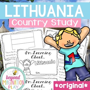May include: A colorful educational resource titled "LITHUANIA Country Study" with a cartoon child illustration. The image includes worksheets with the Lithuanian flag and the text "I'm Learning About... Lithuania". The design incorporates a playful, engaging style.