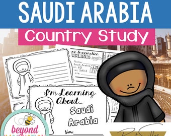 Pode incluir: Um pacote de atividades de estudo de país imprimível para crianças com uma menina de desenho animado vestindo uma abaya tradicional saudita. O pacote inclui um cartão postal, um cartão de embarque e um diário de aprendizagem com o texto "Estou aprendendo sobre... Arábia Saudita".