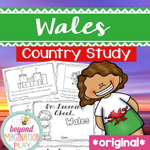 May include: A colorful educational resource titled "Wales Country Study." The image features a smiling cartoon character wearing a shirt with a Welsh dragon. The background includes pages with illustrations of a castle and the Welsh flag. The text "Wales" and "Country Study" are prominently displayed.