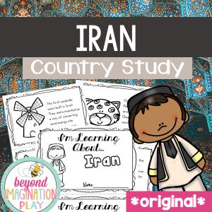 May include: A black and white printable worksheet with the title "Iran Country Study". The worksheet features a cartoon image of a windmill, a cartoon image of a leopard, and a cartoon image of a person wearing a traditional Iranian hat. The worksheet also includes the text "I'm Learning About... Iran".