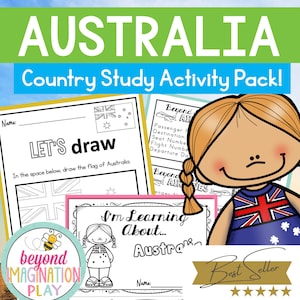 Puede incluir: Un paquete de actividades educativas titulado "AUSTRALIA". Incluye hojas de trabajo con indicaciones como "LET'S draw" y "I'm Learning About... Australia". También se presenta una niña de dibujos animados con un diseño de bandera australiana.